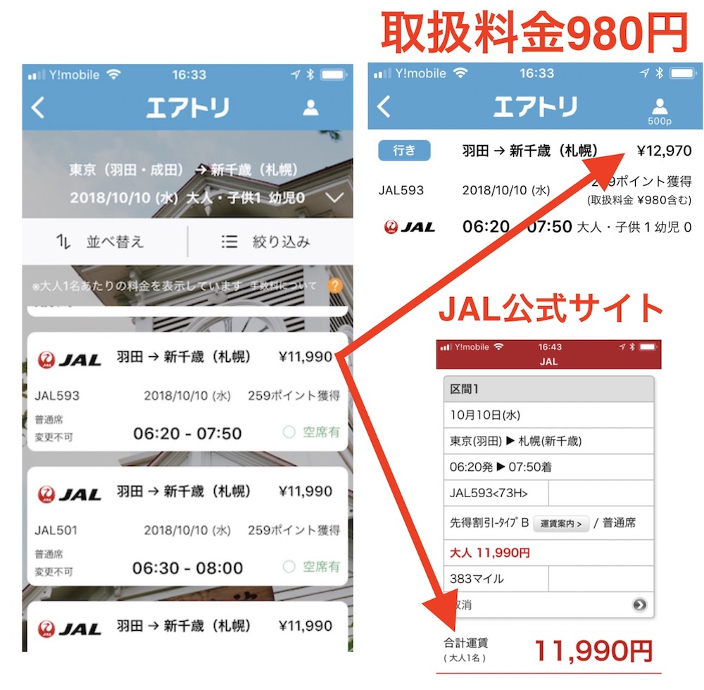 エアトリと JAL公式サイトの運賃比較