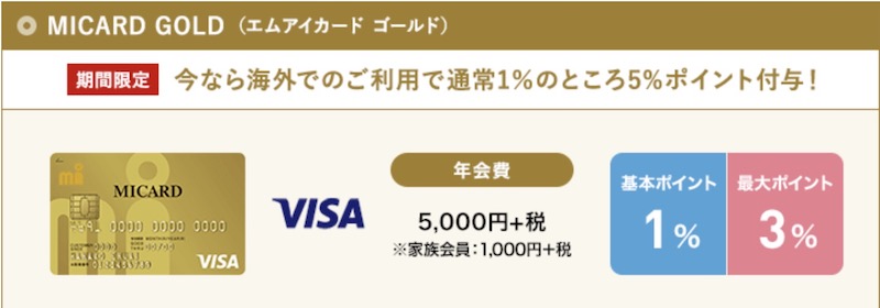 エムアイカードゴールドの基本還元率と年会費(5,000円)税抜き