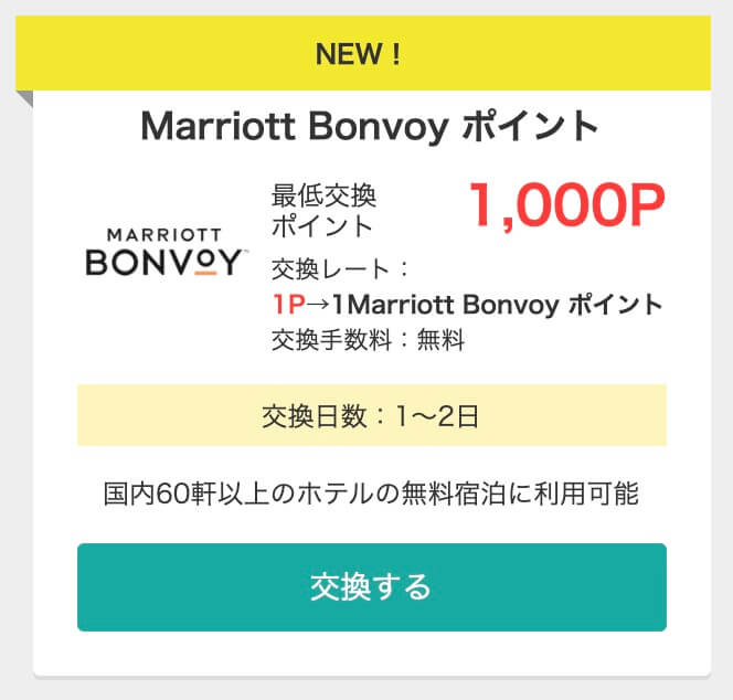 Marriott Bonvoyポイントサイト交換レートは1P=1円