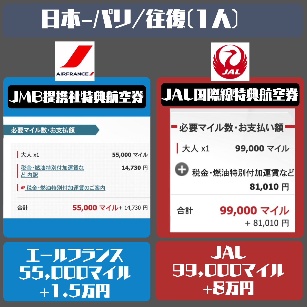JAL特典航空券/燃油サーチャージ比較/エールフランス