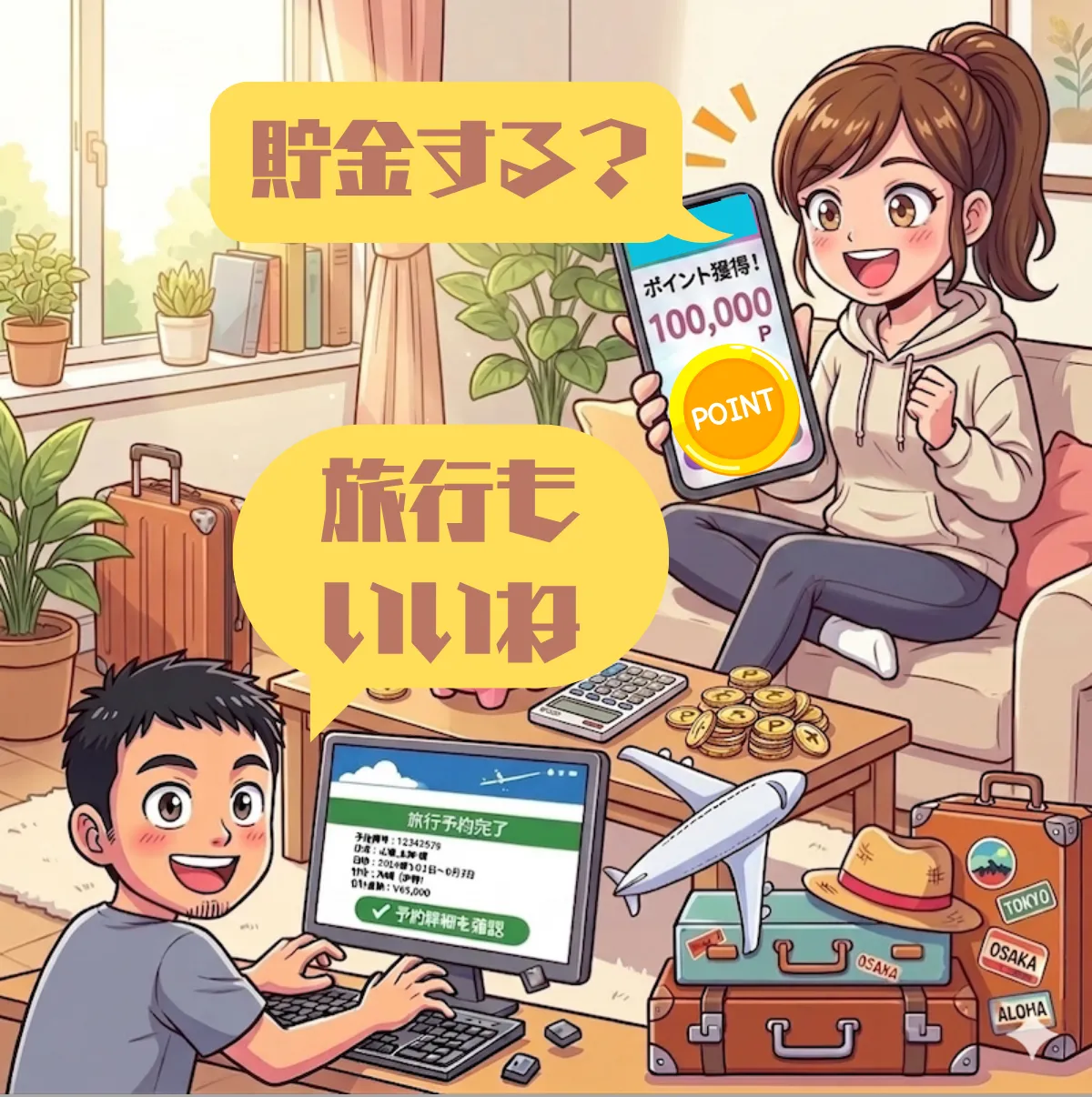 ポイ活アプリの成果を報告する2人