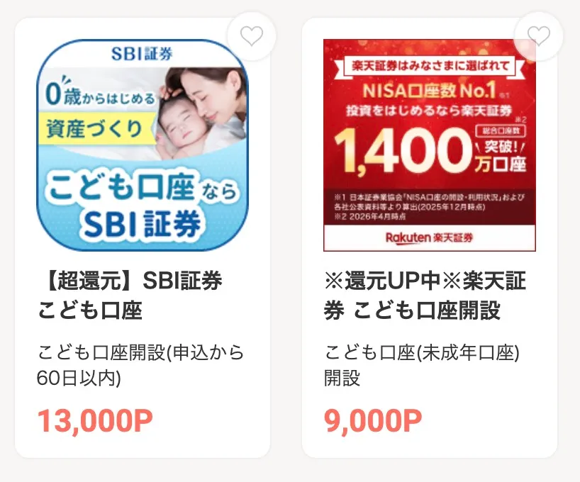 モッピーこども、SBI、楽天証券